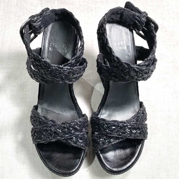 Stuart Weitzman Hoopla wedge in black braided leather platform espadrilles - Picture 2 of 10